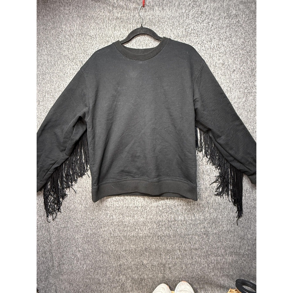 Chevignon Fringe Sweatshirt Large Black Western Pullover Crewneck Fleece Boho